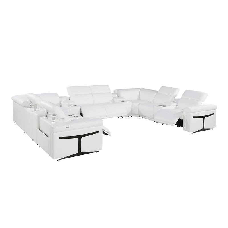HomeRoots White Italian Leather Power Reclining U Shaped Twelve Piece Sectional With Console