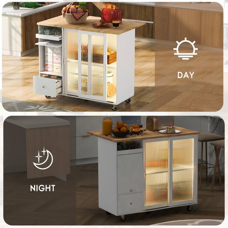 LED Light Kitchen Cart on Wheels with 2 Fluted Glass Doors