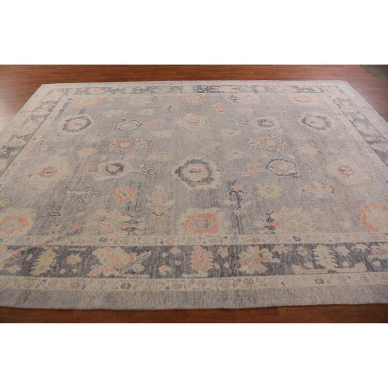 Hand Knotted Oriental 100% Wool Carpet Transitional All-Over Greys & Charcoal Oushak Area Rug - 12' 4'' X 8' 11''