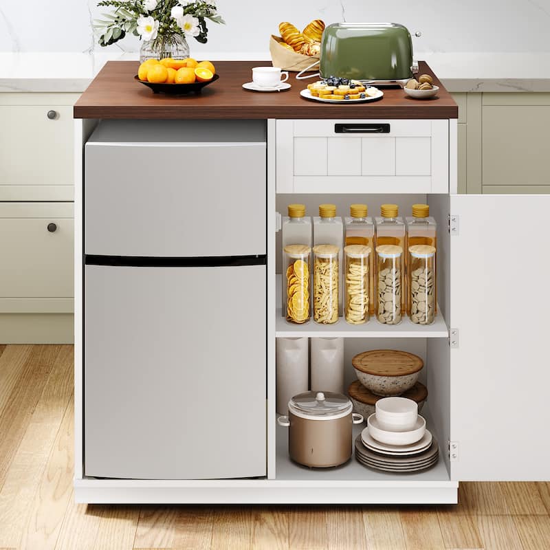 Moasis Kitchen Island with Mini Fridge Space and Drop Leaf & Power Outlet - White