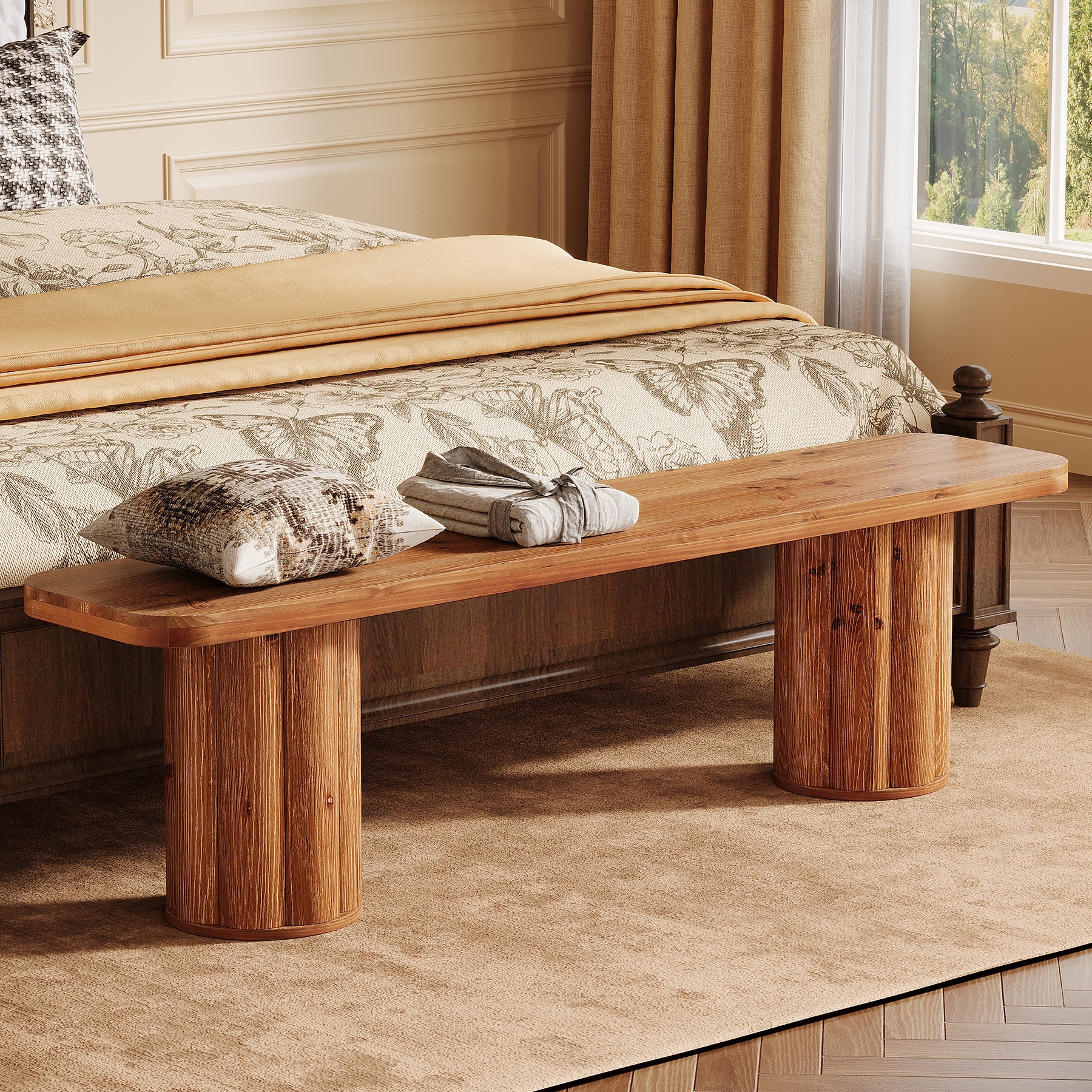 63" Extra Long Solid Wood Bench, Farmhouse Entryway Bench