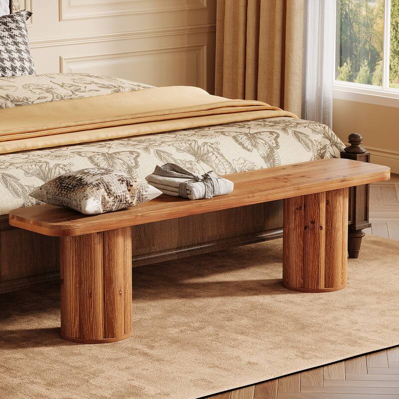 63" Extra Long Solid Wood Bench, Farmhouse Entryway Bench - Brown