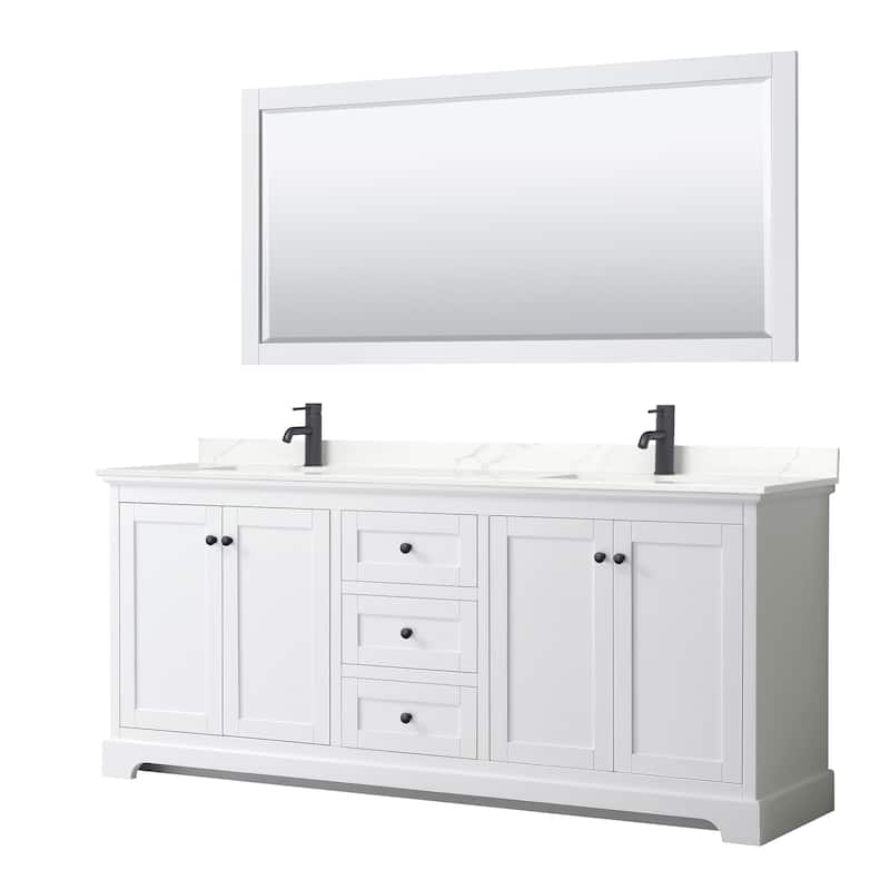Avery 80-inch Double Vanity, Quartz Top, 70-inch Mirror - White, Black Trim, Giotto Quartz Top