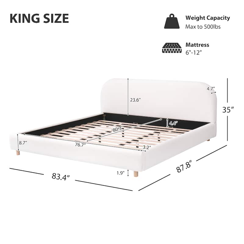 King Size Platform Bed with Boucle Fabric, Boucle Fabric Upholstered Platform Bed with Curve-Shaped Design Headboard, White