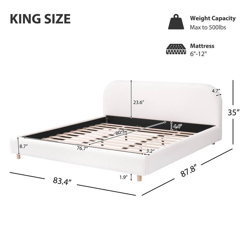 White Upholstered Platform Bed Curveshaped Boucle Fabric Low Wingback Bed with Wooden Slats Support Built-in Center Metal Legs