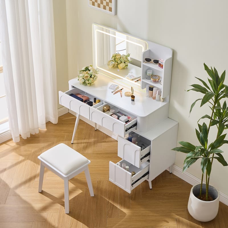 Homy Casa Modern Makeup Vanity Desk with LED Mirror & 4 Drawers