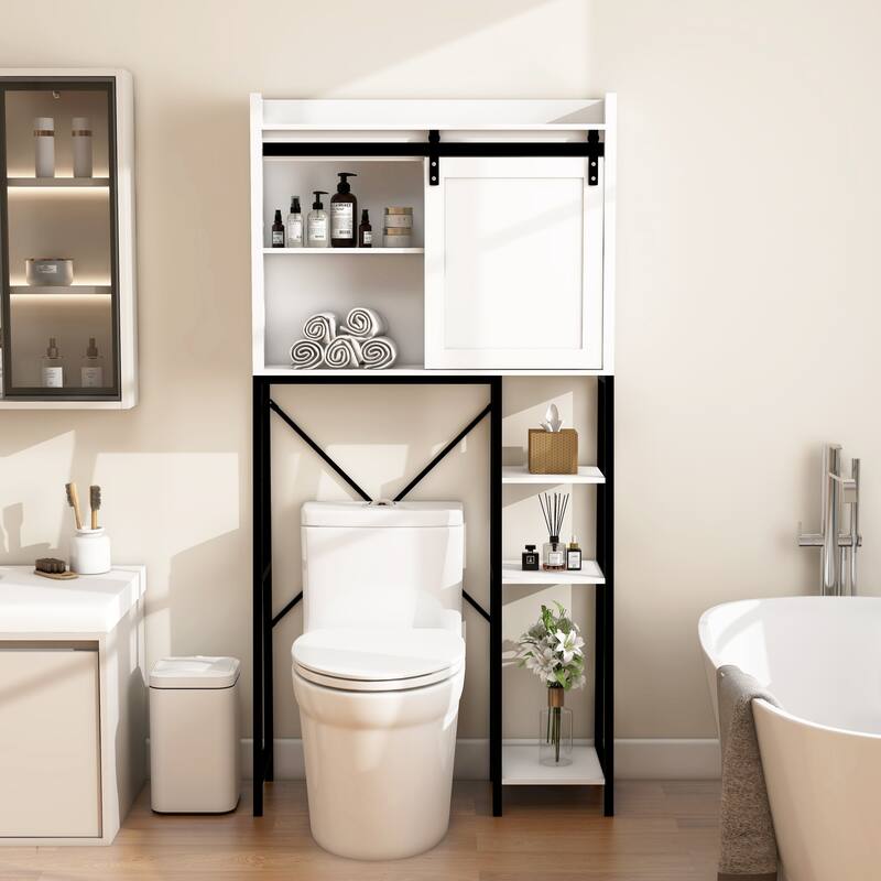 Bathroom Over The Toilet Storage Cabinet With Sliding Barn and Shelves
