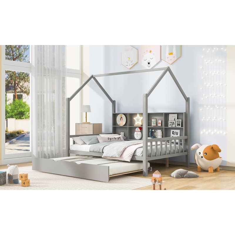 Pine House Bed with Trundle & Storage Shelf