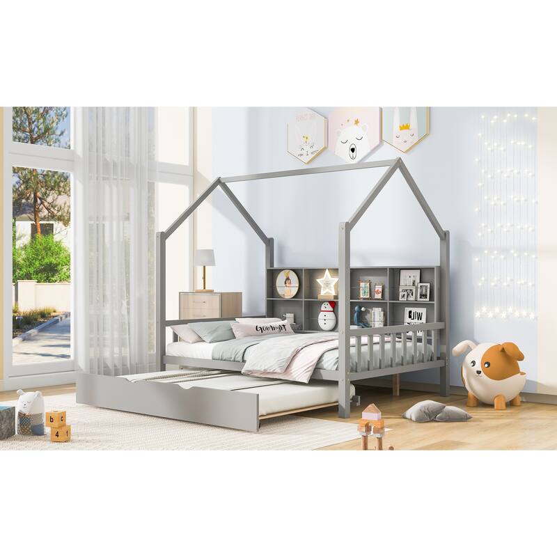 Wood House Bed with Trundle, Kids Bed with Shelf