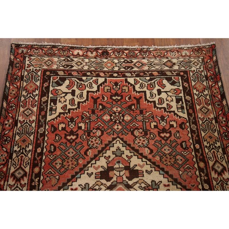 Hand Knotted Oriental 100% Wool Carpet Traditional Geometric Red Hamedan Runner Rug - 10' 3'' X 3' 6''