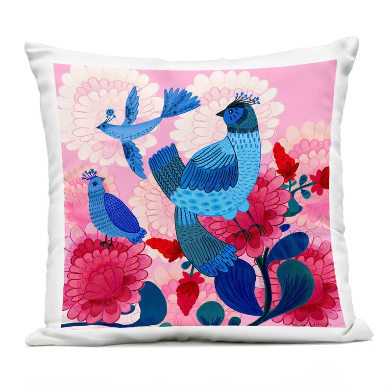 Stupell Folk Birds on Dahlias Printed Outdoor Throw Pillow Design by Kay Widdowson - Accent - Polyester - Blue - Single