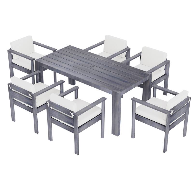 7-Piece Outdoor Patio Dining Set Wood Rectangular Dining Table and 6 Arm Chairs with Parasol Hole and Removable Cushions