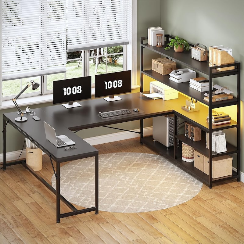 L Shaped Desk Gaming Desk 3 Fabric Drawers 5 Storage Shelves