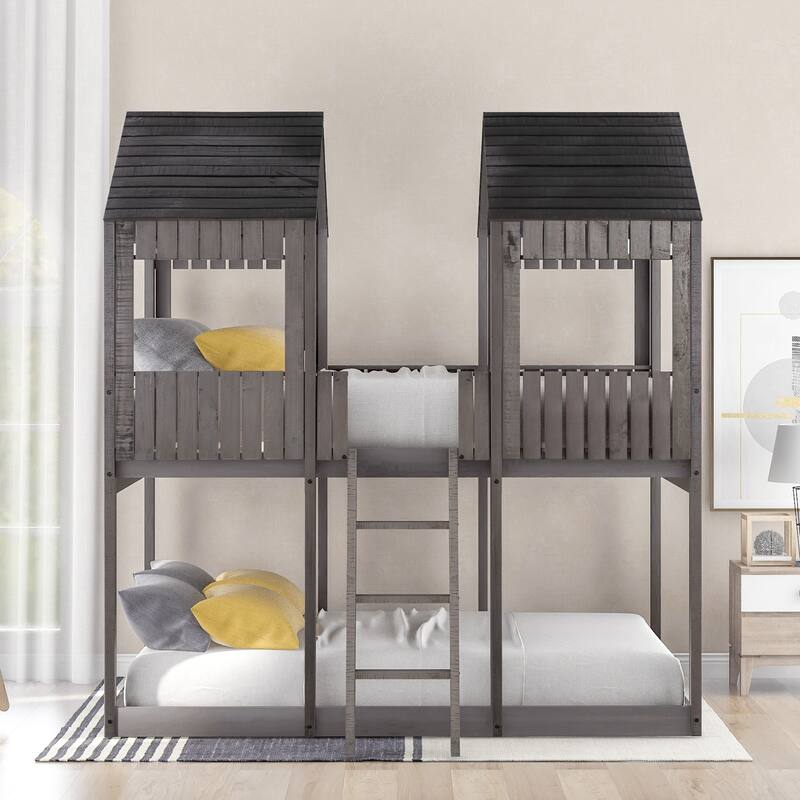Full Over Full Wood Bunk Bed with Roof, Window, Guardrail, and Ladder in Antique Gray