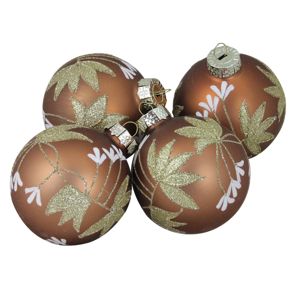 4ct Brown Gold 2-Finish Floral Glass Christmas Ball Ornaments 3.25"