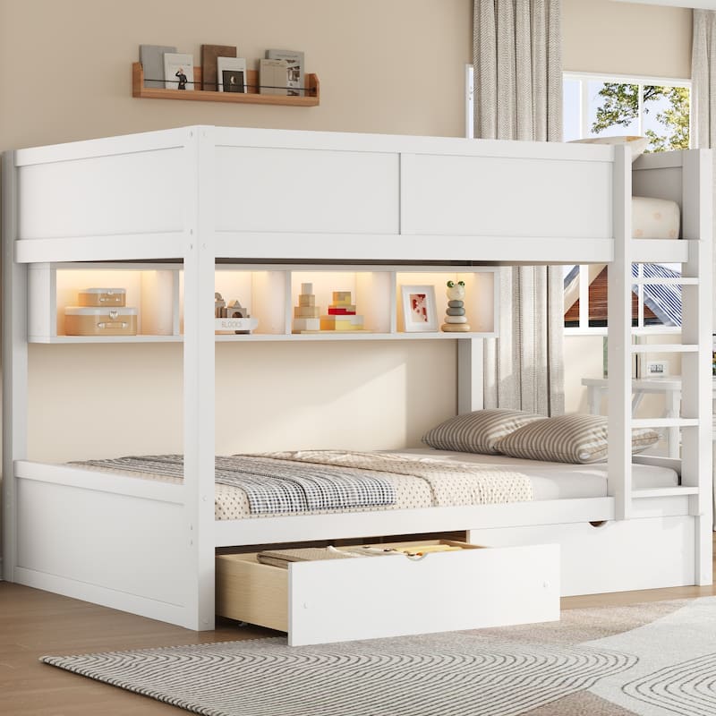 Wooden Full XL Over Full XL Bunk Bed with Storage Cabinets Built-in LED Lighting and 2 Pull-out Storage Drawers