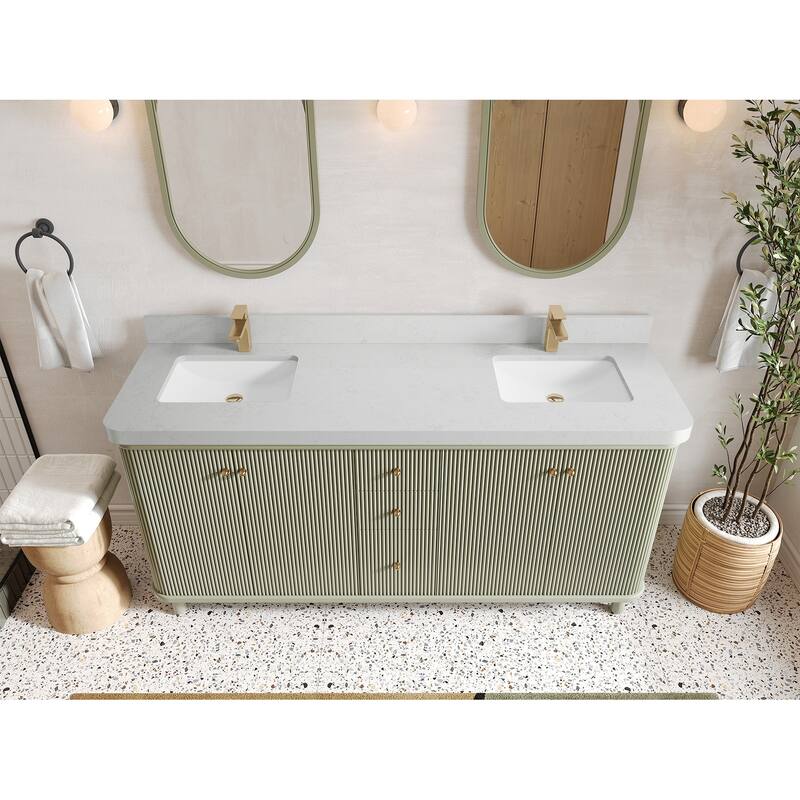 Willow Collections 72 in. W x 22 in. D Reeded Miami Double Bowl Sink Bathroom Vanity with Countertop - 2”Carrara Quartz - Evergreen