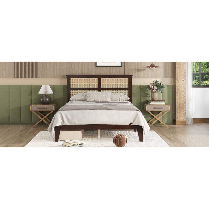 Roomfitters Full Rubber Wood Bed with Rattan Headboard, Underbed Storage Design, Reinforced Slats and Support Feet