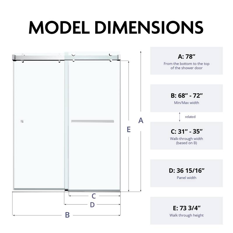 VS Series 68" - 72" W X 78" H Soft Closing Frameless Double Sliding Shower Doors With 3/8" Tempered Clear Glass