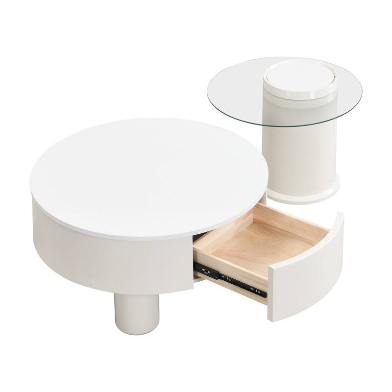 Nesting Coffee Table Set of 2, Round Coffee Table with Drawer, Circular Wood Center Table Set