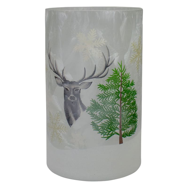 10" Deer Pine and Snowflakes Hand Painted Flameless Glass Christmas Candle Holder