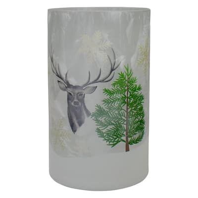 10" Deer Pine and Snowflakes Hand Painted Flameless Glass Christmas Candle Holder