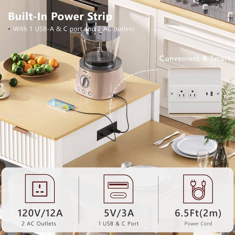82.6" Fluted Kitchen Island with Extendable Dining Table and Power Outlet for Modern Kitchen Spaces
