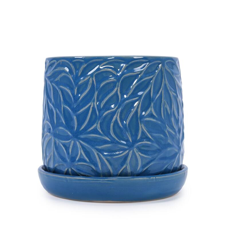 Set of 2 Handmade Modern Embossed Leaf Ceramic Planters with Saucers