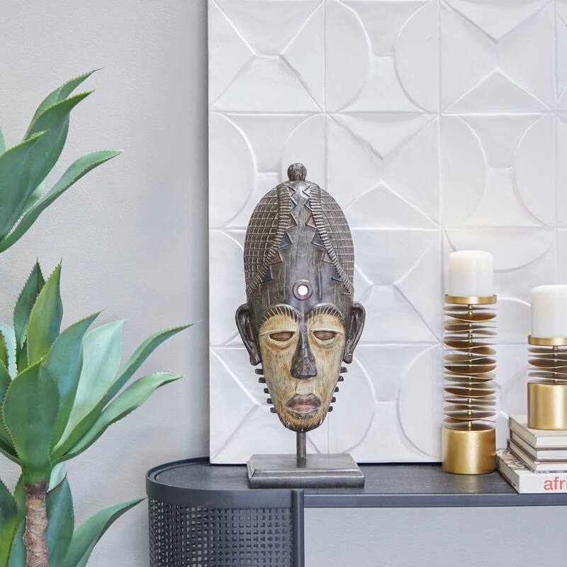 Polystone Mask African Tribal Sculpture with Cream and Rust Accents - Brown - Roche River Decor - 6"W x 8"L x 21"H