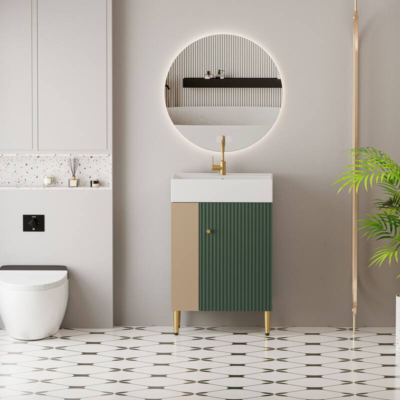Compact White Bathroom Vanity with Ceramic Sink, Soft-Closing Cabinet, and Brushed Copper Accents for Small Spaces