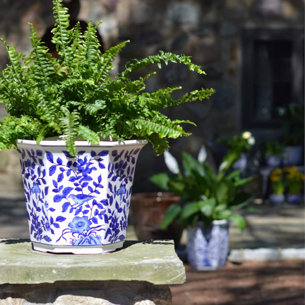 Euro Ceramica Blue and White Aviary Garden Planter