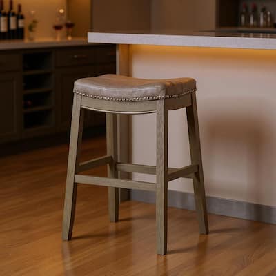 HomeRoots 31" Gray and Cool Gray Faux Leather and Solid Wood Backless Bar Height Bar Chair