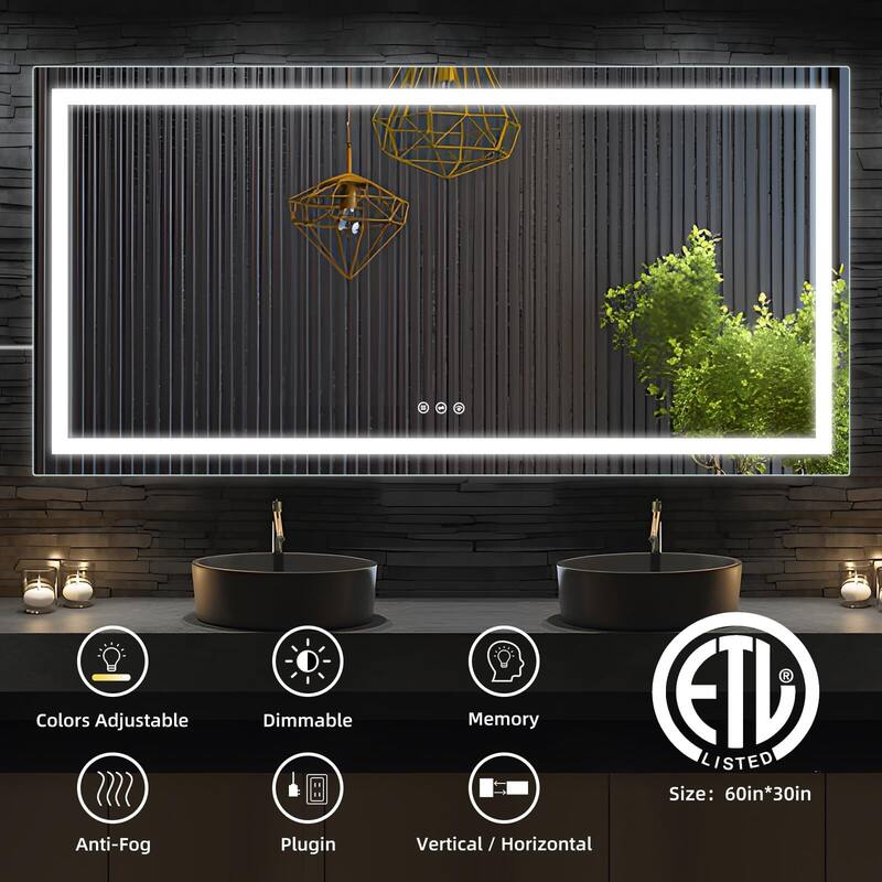 LED Bathroom Mirrorwith Front and Backlight, Stepless Dimmable Wall Mirrors with Anti-Fog