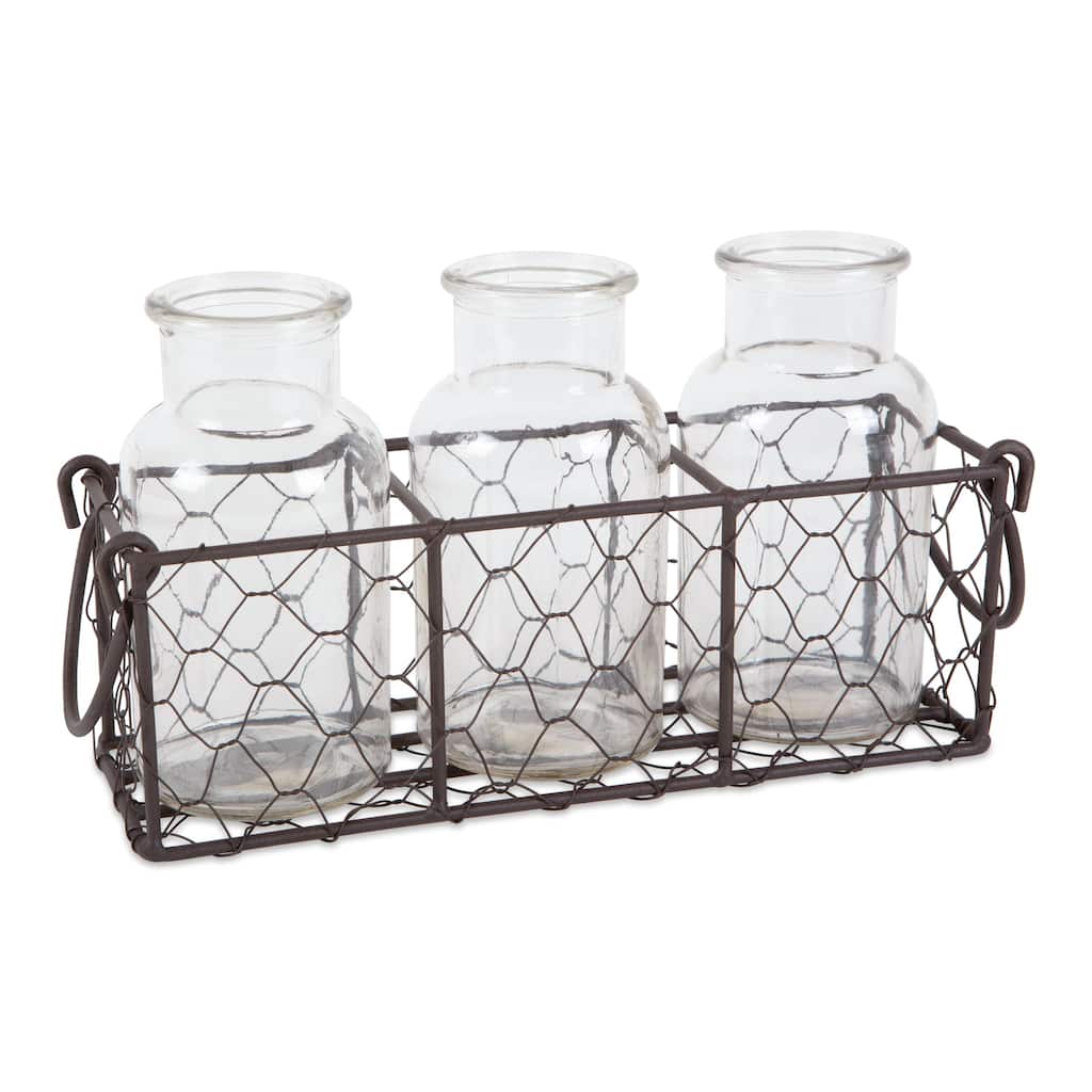 DII Vintage Grey Chickenwire Flatware Caddy With Clear Jars