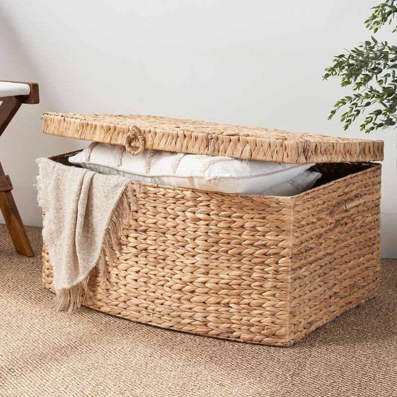 Ludmilla Rectangular Curve Water Hyacinth Woven Wicker Trunk with Handles - 26" x 19" x 14" - Natural Brown
