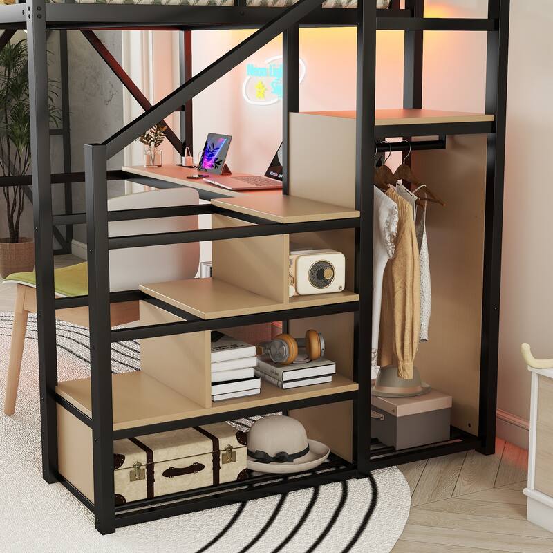 Full Size Metal Loft Bed with Desk and Charging Station, Stairs & Light for Kids Teens, Black