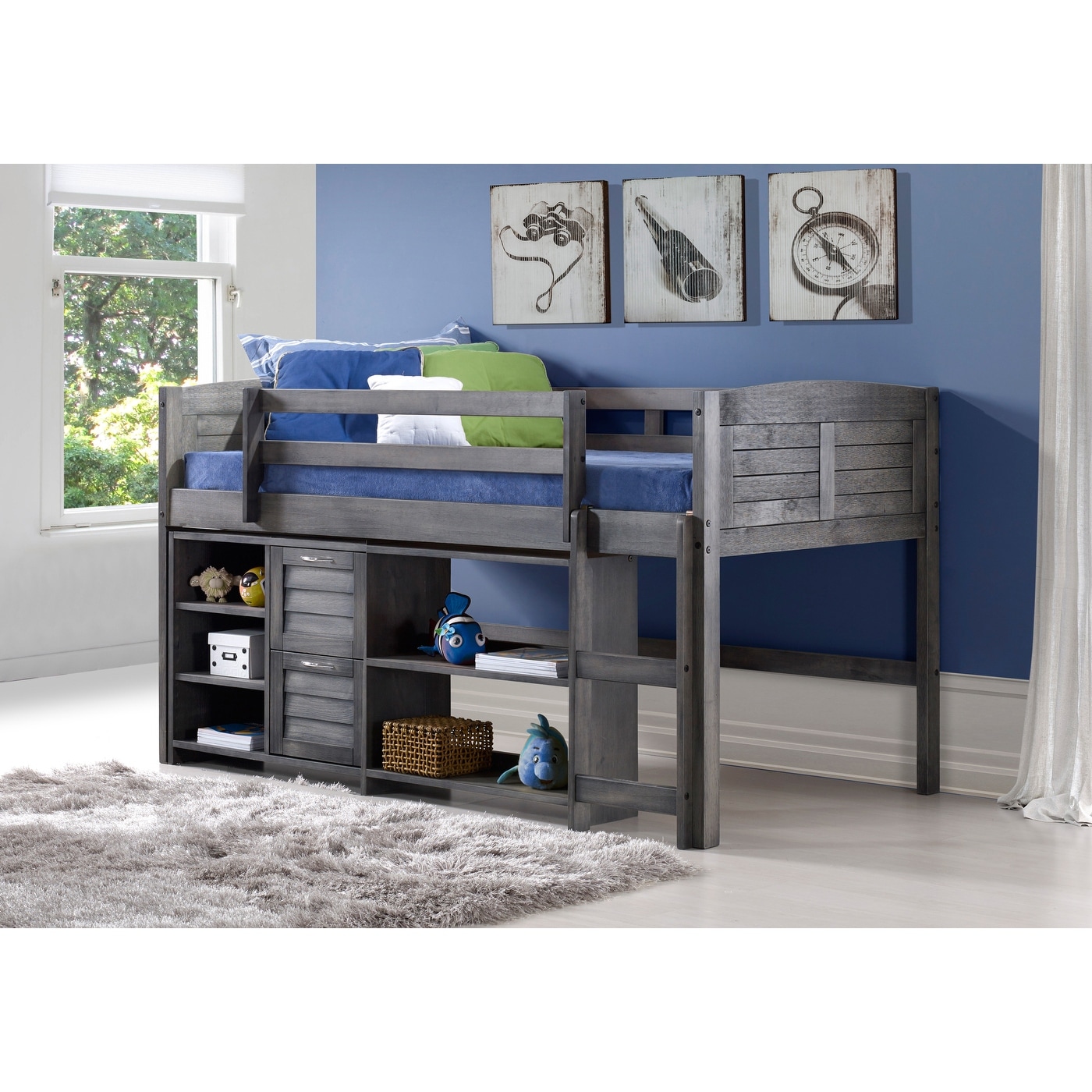 low loft bed with drawers