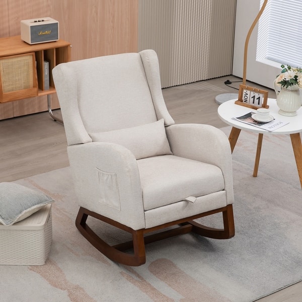 slide 2 of 61, High back Upholstered Accent Rocking Chair Nursery Chair With Retractable Footrest Beige
