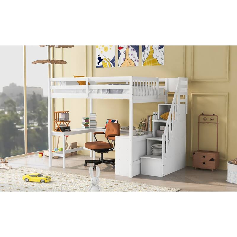Multifunctional Full Loft Bed with Desk, Shelving, and Storage Stairs, Space-Saving Design