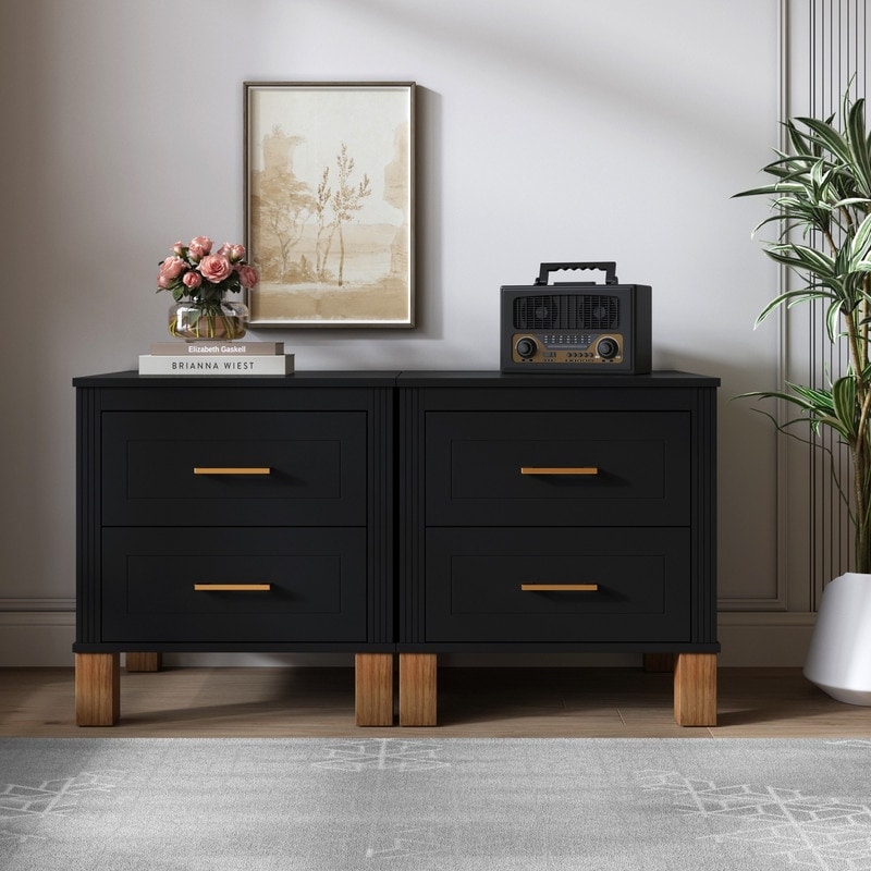 Traditional 2 - Drawer Nightstand With Solid Wood Legs (Set Of 2) for Bedroom Living Room