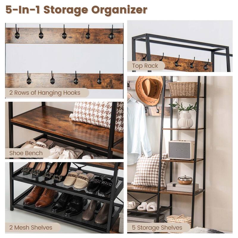 Costway 5-In-1 Entryway Coat Rack Storage Shoe Bench Freestanding - 1 PC