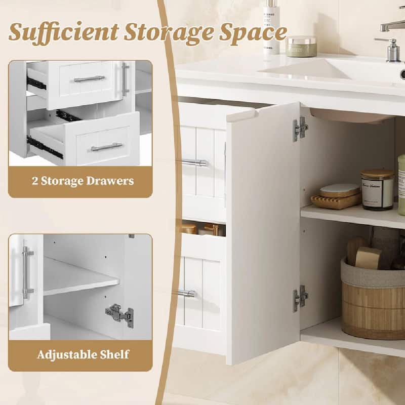 36'' Wall Mounted Bathroom Vanity - Floating Bathroom Storage Cabinet with 2 Drawers, 3 Holes Single Ceramic Sink