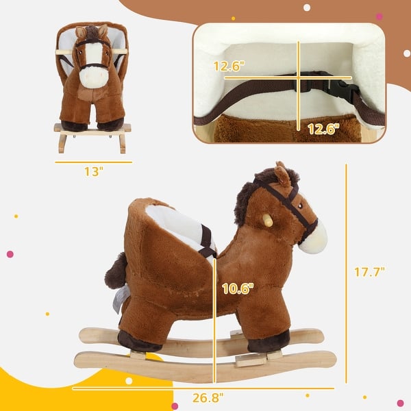 Qaba Baby Rocking Horse, Plush Animal Rocker with Sound, Wooden Base, & Safety Belt for Ages 18-36 Months, Brown