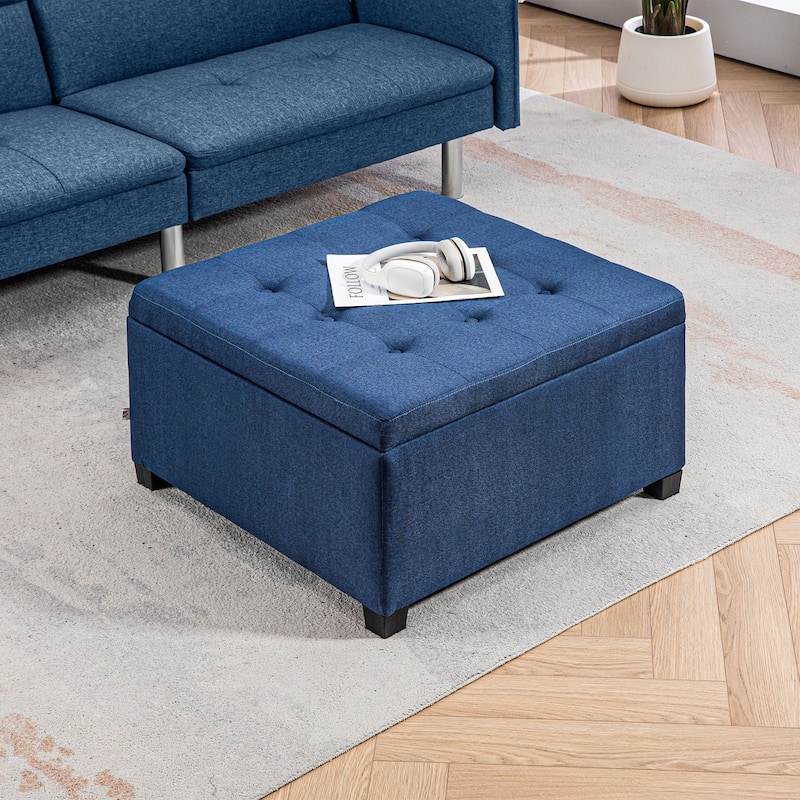 Fabric Tufted Storage Ottoman with Flip Top Seat Lid, Metal Hinge and Stable Eucalyptus Wood Frame