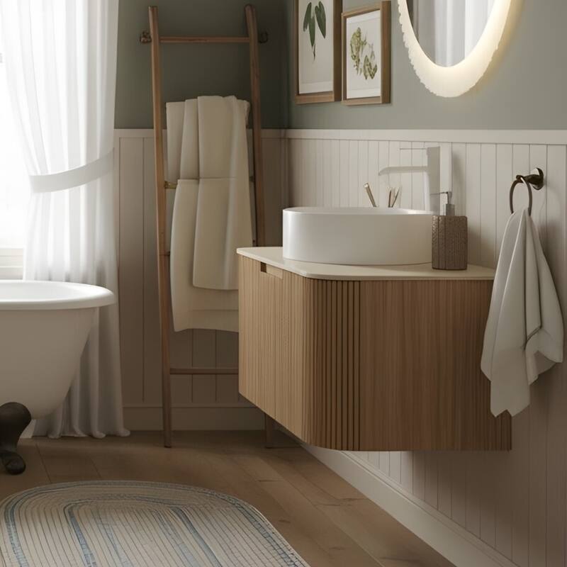 Wall Mounted Bathroom with White Round Ceramic Basin and Drawer