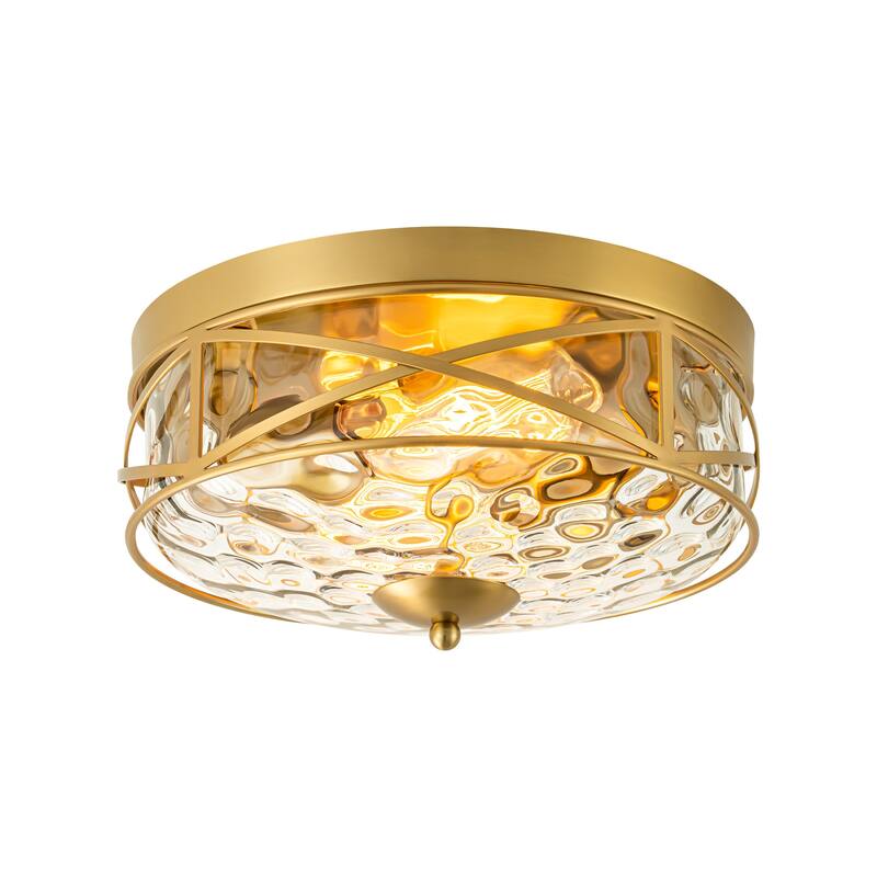 2-Light Mid-Century Modern Vintage Round Dome Water Rippled Clear Glass Cage Flush Mount Ceiling Light