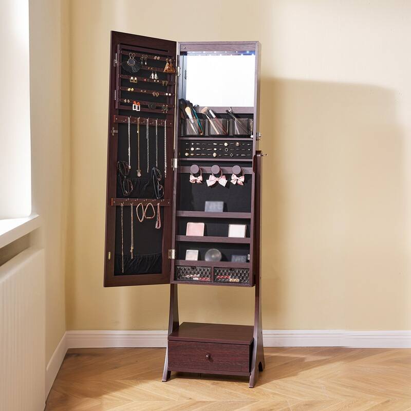 Full-Length Standing Mirror with Lockable Jewelry Cabinet Velvet Lining and Rotating Earring Holder