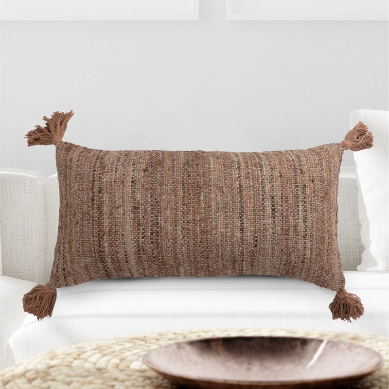 Woven Cotton Striped Lumbar Pillow with Chambray Back and Tassels