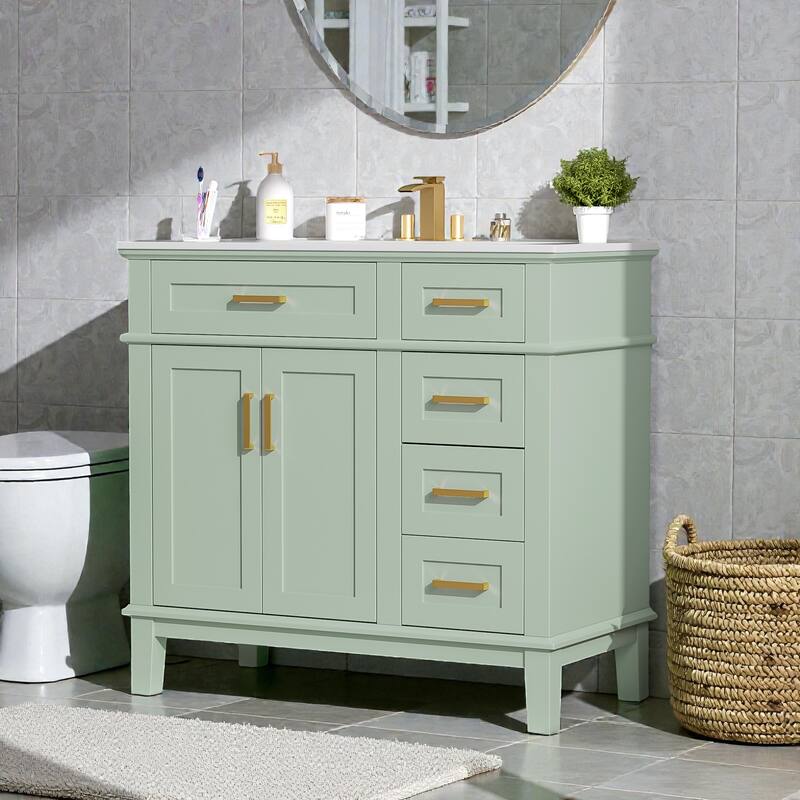 36" Modern Bathroom Vanity with Ceramic Sink, 4 Drawers, 2 Doors, Soft Close, Solid Wood Frame, Freestanding Design