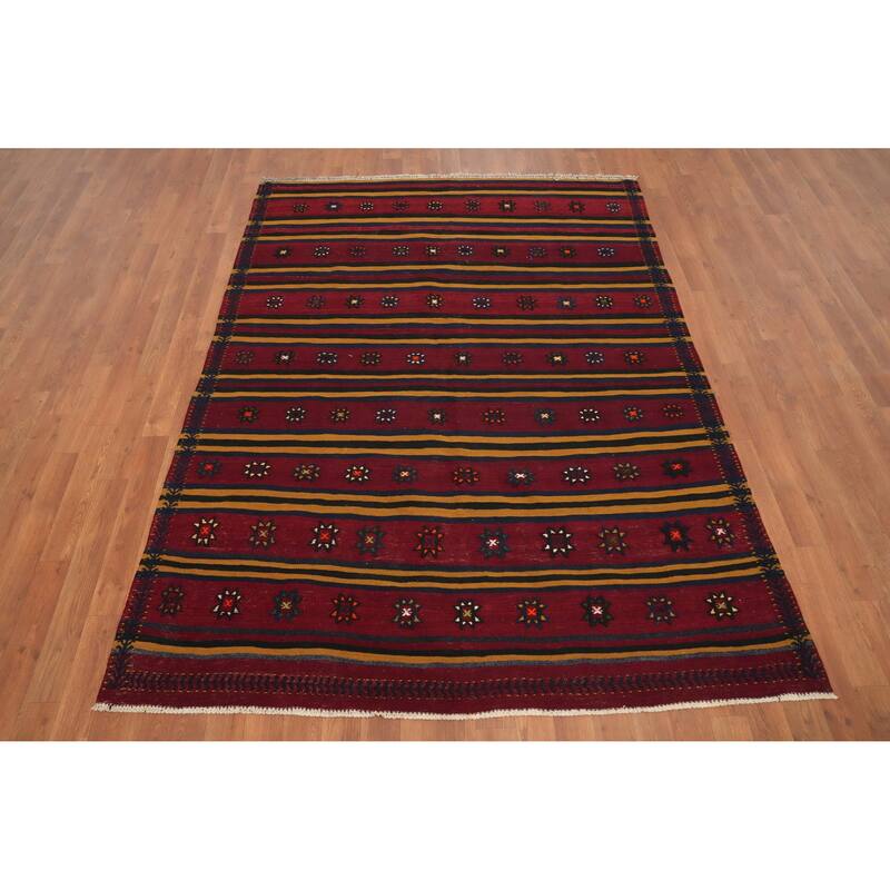 Hand Woven Oriental 100% Wool Carpet Southwestern Tribal Red Kilim Area Rug - 6' 11'' X 5' 2''